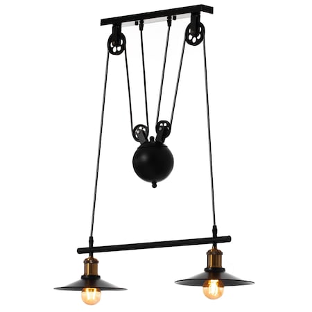 Quickway Imports Modern Adjustable 2 Bulb Pulley Wired Ceiling Hanging Light Fixture, Black Decorative Chandelier QI004572